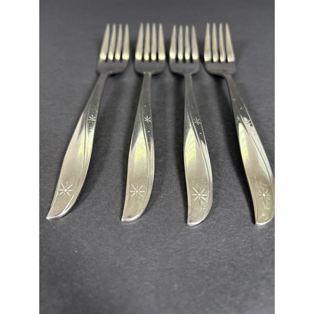 Lot 4 Oneida Community Stainless Starburst Atomic Star Salad Forks 7